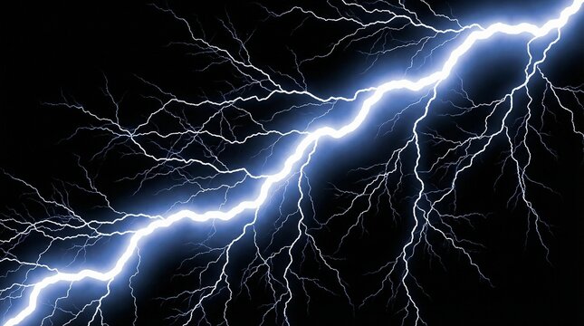 Dramatic electrical lightning strike on dark black background for power and energy concepts.
