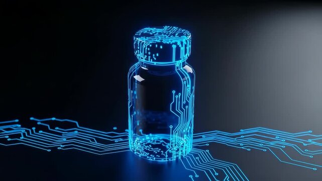Glowing Digital-circuit Styled Vial Showcasing Medical Concept Of Biotech Future Medicine Located Against Dark Background Possibly For Futuristic Pharmaceutical Science Promotion
