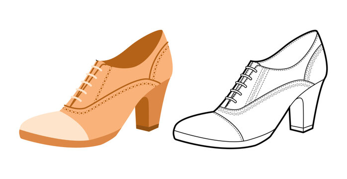 Oxford pump women beige heel flat plus line set. Lace up brogue inspired dress footwear for workday, heritage look. Technical illustration, CAD mockup, mixed vector men unisex isolated chic style.