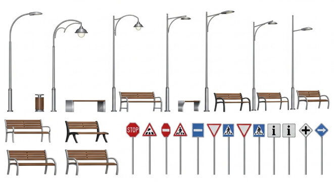 Urban Street Furniture Silhouette Vector Set Lamps Benches Traffic Signs City Side View Illustration