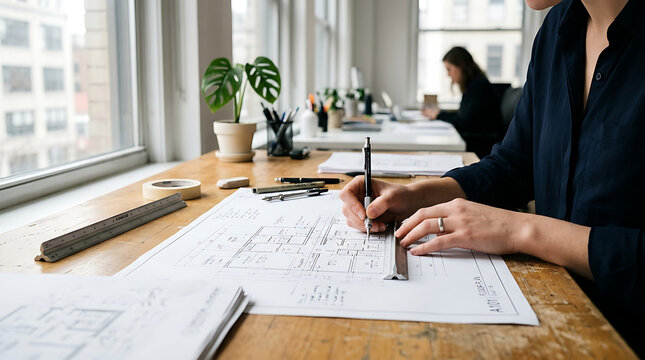 Architect drawing blueprints at desk in modern office, close-up on hands