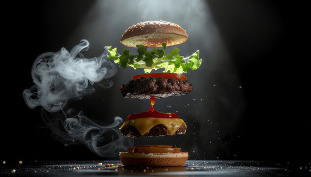 Dynamic deconstructed burger components suspended with dramatic spotlight and smoke