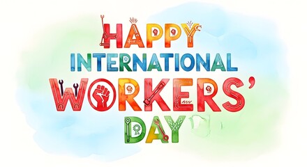 Happy international workers day typography with tools and symbols