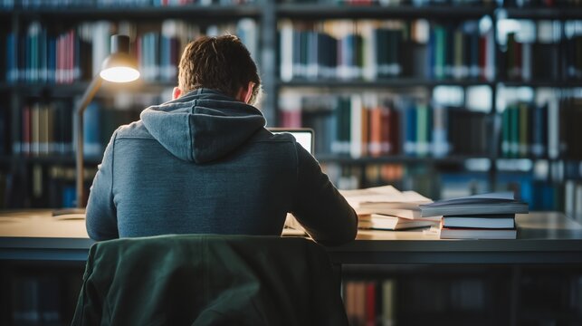 Student studies alone at table, surrounded by bookshelves and warm lighting