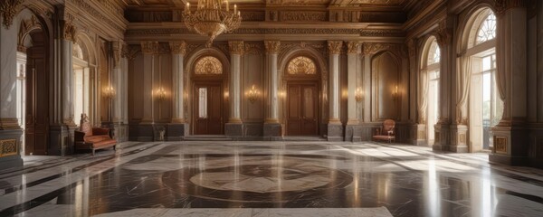 Obraz premium Grand entrance hall with marble floors and ornate details, architecture, interior design