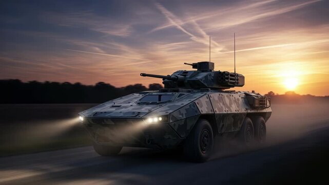 Armored Personnel Carrier Driving Fast On Road At Sunset With Beautiful Sky Background Dust For Military Defense Illustrations