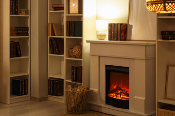 Interior of stylish room with fireplace and bookshelves at evening © Pixel-Shot
