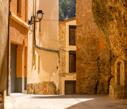 Old streets with cozy houses among rocky mountains of Margalef, Catalonia Spain