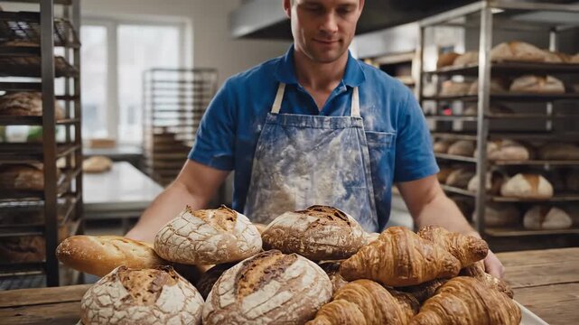 This shows a baker in a modern bakery kitchen, proudly holding a tray of freshly baked pastries, showcasing his daily work and culinary skills in a clean and well-organized environment.