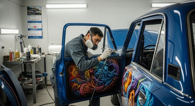 Mechanic customizing vintage car interior with vibrant graffiti art in garage workshop