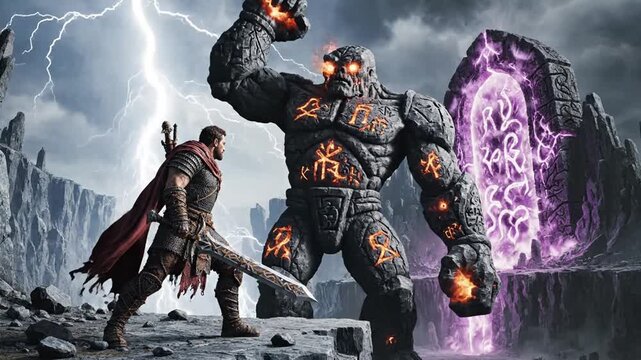 Hero battles giant golem near glowing portal in fantasy world