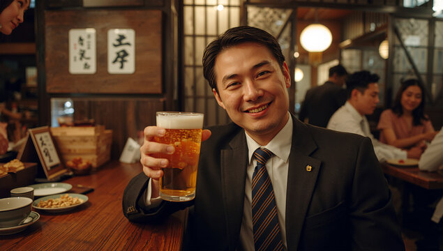 仕事帰りに居酒屋で一杯を楽しむ日本人ビジネスマンの笑顔