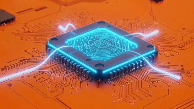 Cybernetic Core: A futuristic circuit board showcasing the essence of modern digital innovation, with lines of energy radiating from a central core, offering a glimpse into tomorrow.