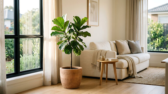 Bright living room with fiddle leaf fig plant, sofa, and large window