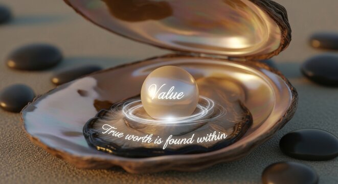 Pearl with 'Value' and 'True Worth' Text Inside an Oyster