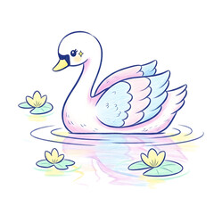 Fototapeta premium Cute cartoon swan floating on water with lily pads and a reflection.