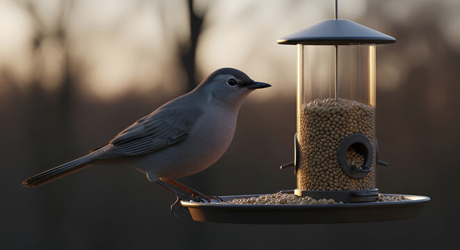 Gray catbird perched on a bird feeder filled with seeds during golden hour, natural light, calm atmosphere