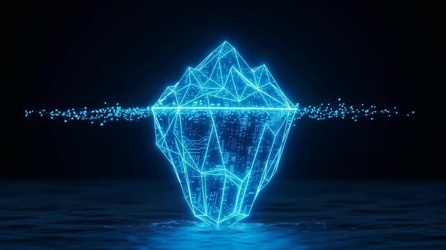 Glowing Digital Iceberg Floating On Water Against Dark Blue Background Hidden Data In The Digital World Visual For Data Security Cyber Threats Tech