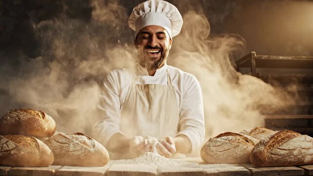 This captures a baker in a white apron tossing flour into the air in a dimly lit bakery. The baker's skilled motion creates a cloud of powder, highlighting the dynamic process of bread making. Loaves
