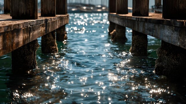 Tropical wooden dock with barnacled posts in bright sunlight capturing serene seaside simplicity and warmth