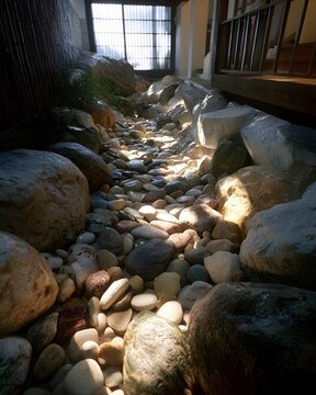 Natural Light Well Zen Rock Garden with Smooth River Stones and High End Tranquil Design