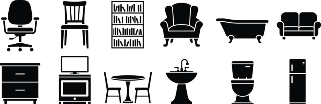 Furniture icons set, home interior elements, chair sofa bathtub kitchen appliances, household objects, minimal silhouette vector, modern living space illustration collection