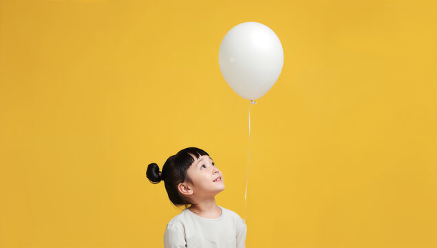 余白のある黄色背景で風船を見上げる日本人の女の子の写真