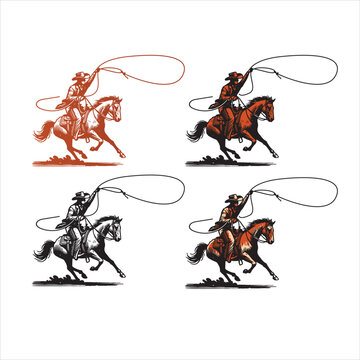 Four cowboys on horseback with lassos