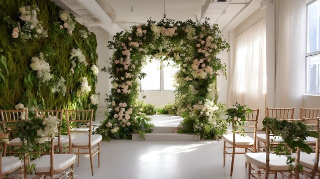 Elevated garden wedding setup with lace arch layered over greenery for a luxurious outdoor ceremony