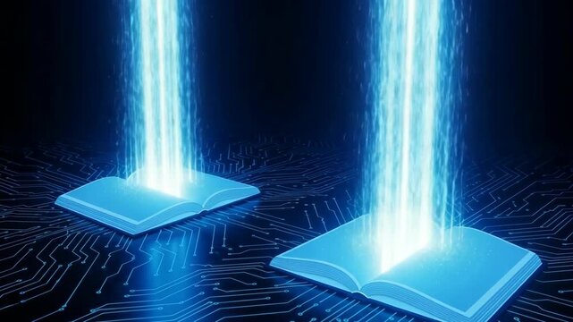 Glowing Light Streams Emanate From Two Open Books On Circuit Board Depicting Data Transfer Digital Knowledge The Power Of Information Set Against Dark Background For Design Education