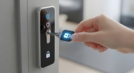 Naklejka premium Hand inserting innovative glowing digital key into advanced smart lock, illustrating future home security and convenient access technology for contemporary living environments