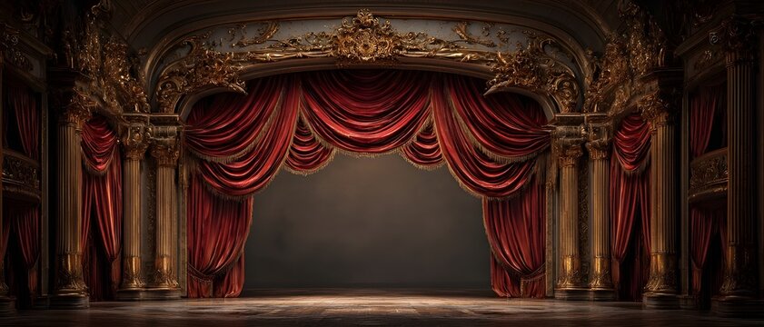 Luxurious operatic stage with crimson drapery and ornate gilded proscenium designed for breathtaking performances