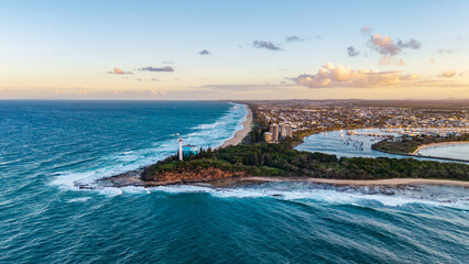 Stunning Aerial Panoramic of Point Cartwright Lighthouse, Mooloolah River, and Coastal Town on Queensland's Sunshine Coast at Sunset © Mujie