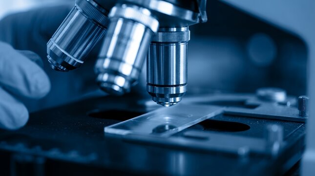 Close up of a laboratory scientist wearing blue gloves adjusting a microscope slide with liquid sample for magnified viewing and research science medical biology technology
