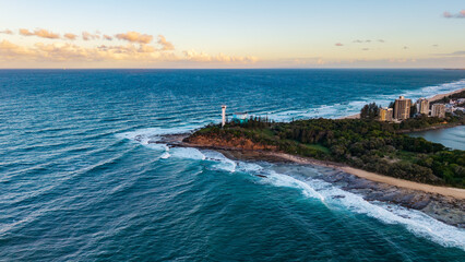 Aerial View of Point Cartwright Lighthouse and Mooloolah River Estuary at Golden Hour on Australia's Sunshine Coast, Queensland © Mujie