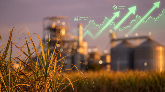 Sugarcane field with industrial processing plant and silos, overlaid with glowing green graphics representing commodity futures and global trade growth