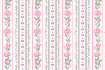 Elegant vintage seamless pattern with pink rose buds, blossoms and hearts on striped background. Shabby chic floral vector for textile design, wallpaper, wrapping paper, romantic greetings. © Natalya