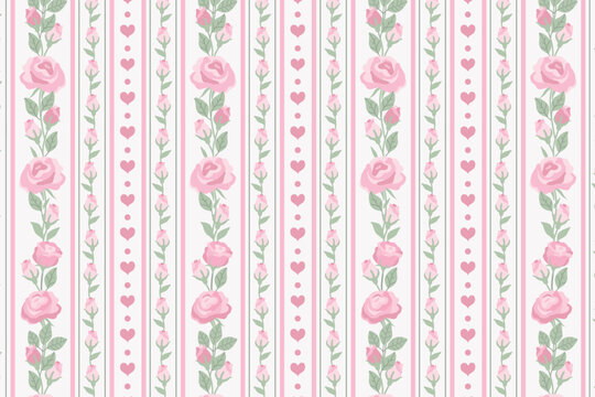 Elegant vintage seamless pattern with pink rose buds, blossoms and hearts on striped background. Shabby chic floral vector for textile design, wallpaper, wrapping paper, romantic greetings.