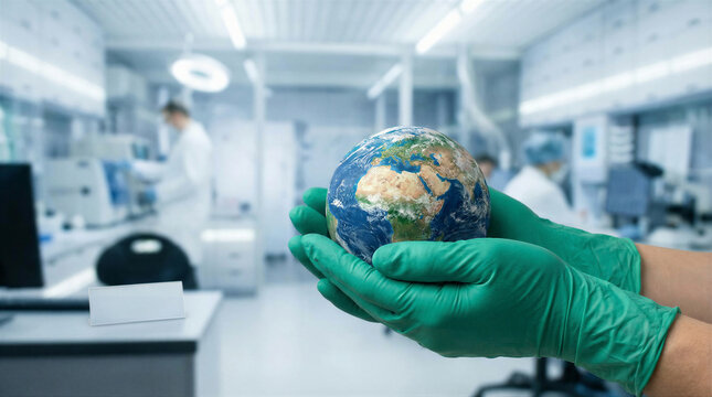 Hands in green gloves holding a globe, symbolizing global health and scientific responsibility in a modern laboratory setting