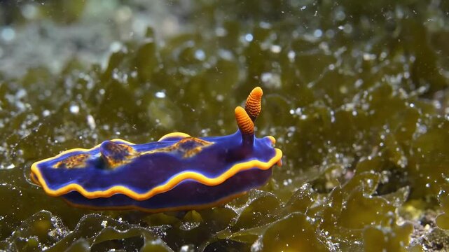 Blue and orange nudibranch over glossy seaweed in shallow water, vibrant underwater macro with sparkling droplets, textured marine algae, and bold contrasting reef colors in a coastal niche
