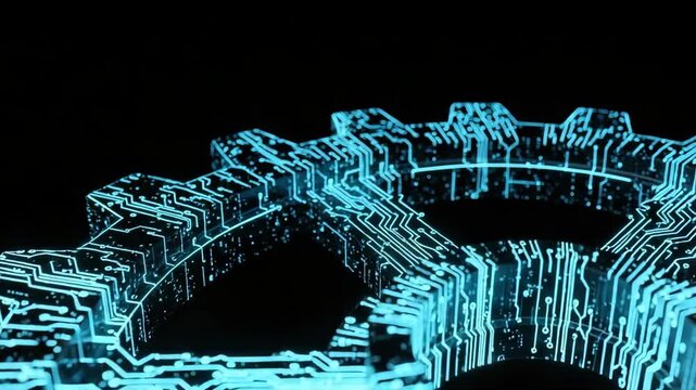 Glowing Digital Gear Icon In Blue Circuit Design Technologys Inner Workings Set Against Dark Background This Abstract Graphic Can Be Used To Symbolize Innovation It Concepts