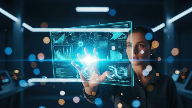 Woman Is Interacting With Futuristic Transparent Display Panel In High-tech Control Room With Data Visualization Bokeh In The Background For Tech Innovation Visuals