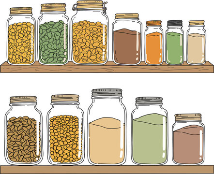 Glass jars filled with seeds and spices on wooden shelf, colorful contents isolated on a transparent background, hand drawn style illustration.