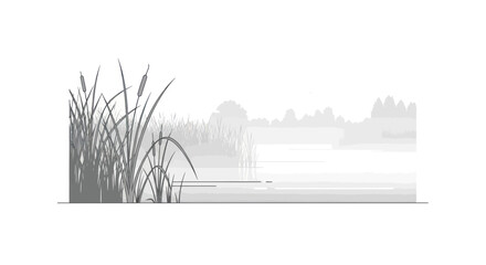 Naklejka premium Serene Lakeside Scene with Reeds and Misty Horizon