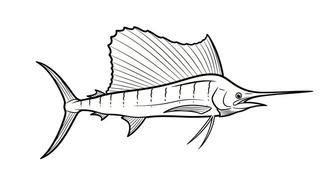 Sailfish illustration, majestic ocean predator with prominent dorsal fin, black and white line art