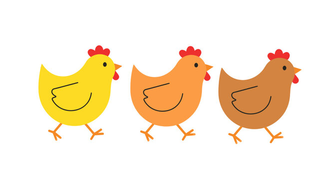 Three cartoon chickens walking in a row, yellow, orange, and brown on white background