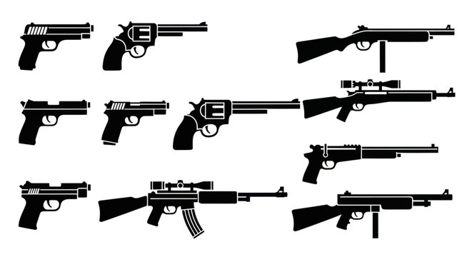 Collection of weapon silhouettes: pistols, revolvers, rifles, and shotguns