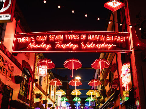 Belfast, Northern Ireland, United Kingdon, 30th October 2025, The Umbrella Alley in Belfast, located in Commercial Court within the Cathedral Quarter