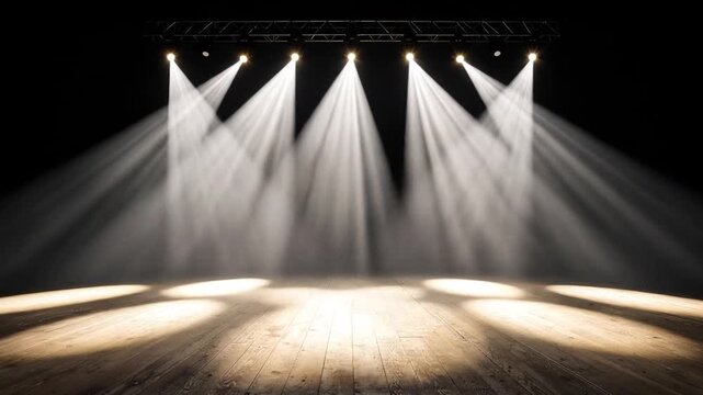 Stage Lights Illuminate Empty Wooden Platform: Dramatic Spotlight Effect
