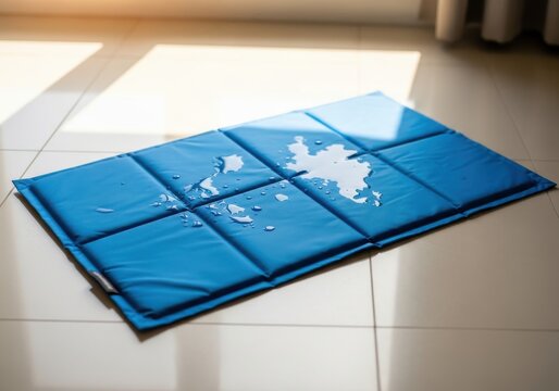 Blue cooling mat for pets lies on a tiled floor with water droplets on the surface.